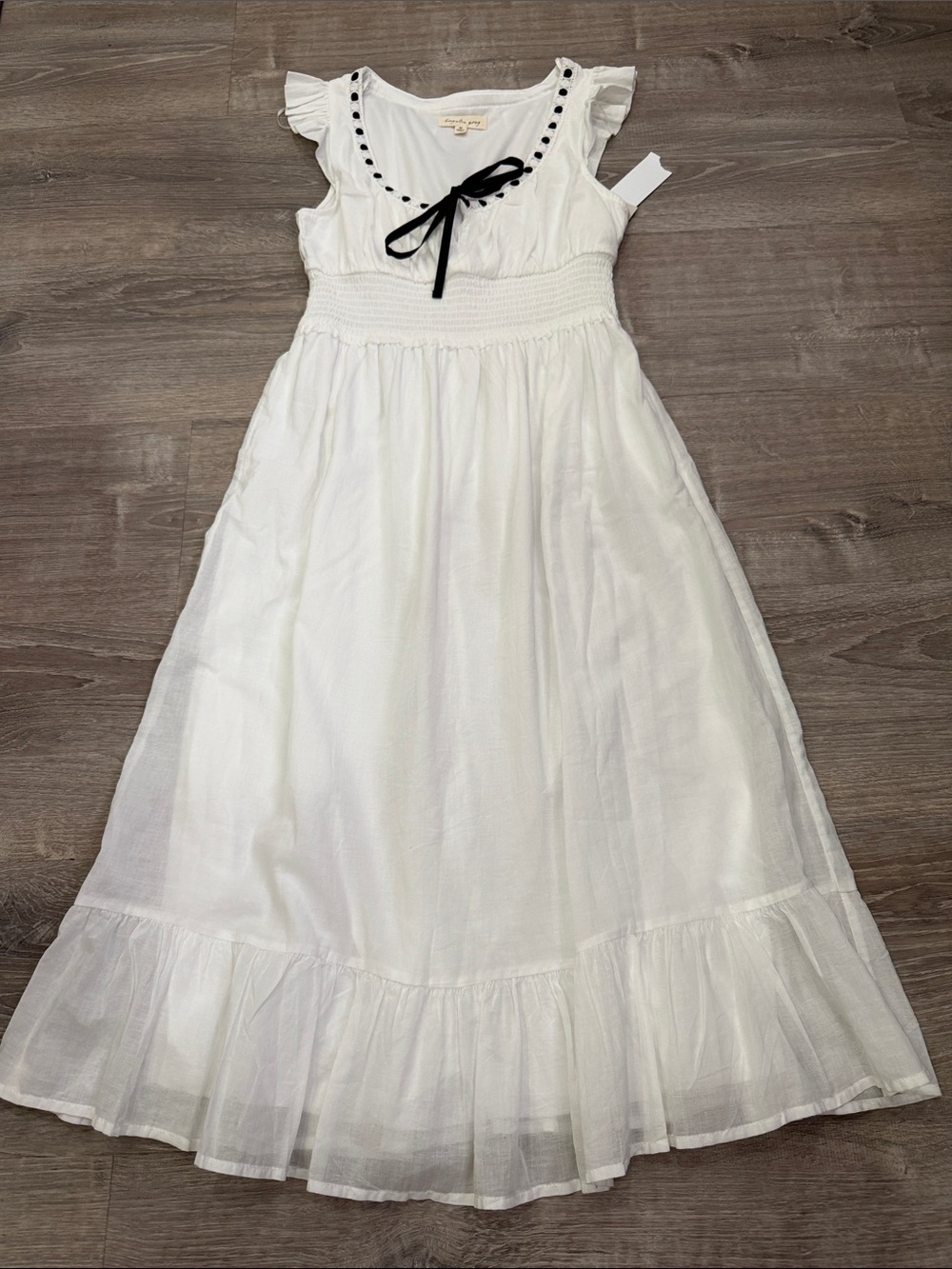 Women White Maxi Dress with Black Ribbon Trim